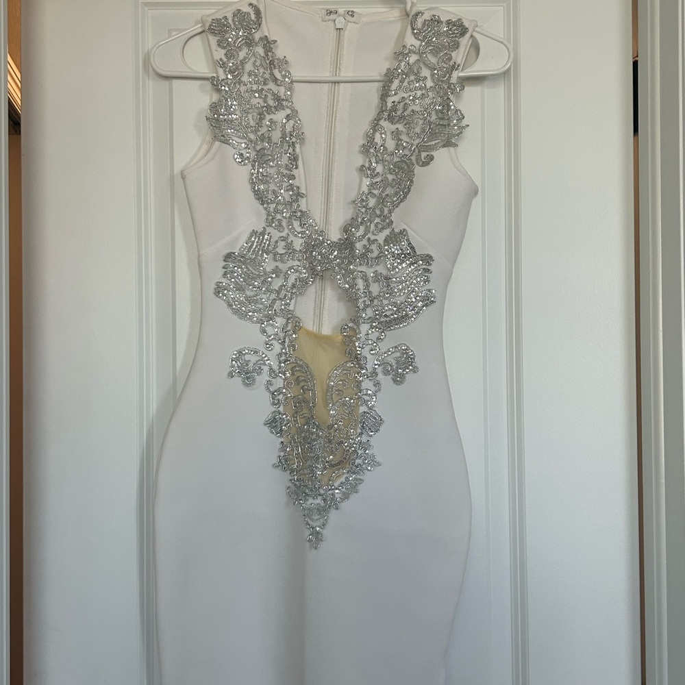 Elegant Backless White Dress with Silver Detailing